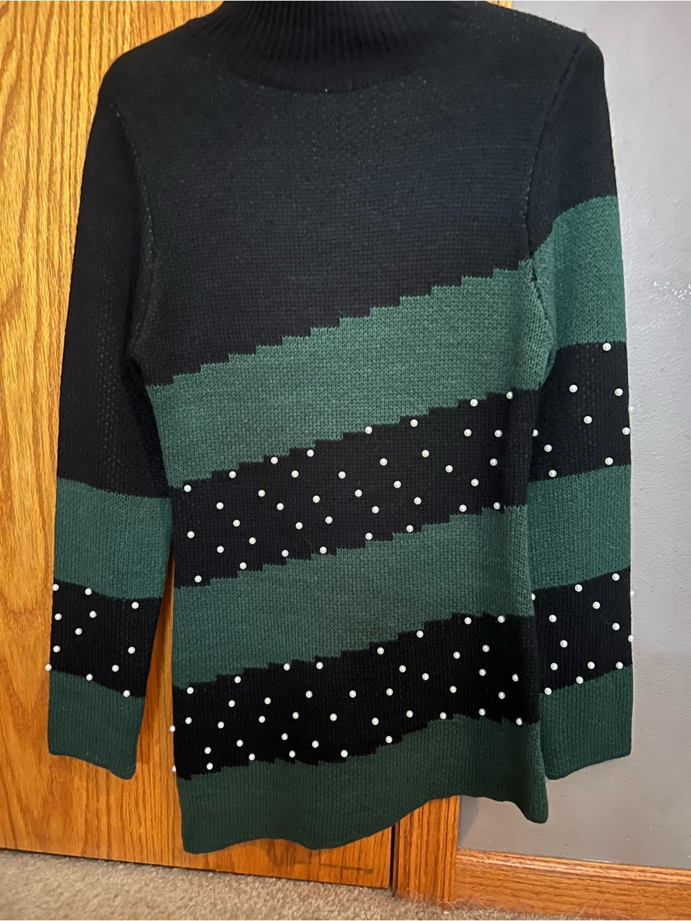Striped Black & Forest Green Turtleneck Sweater with Pearl Accents